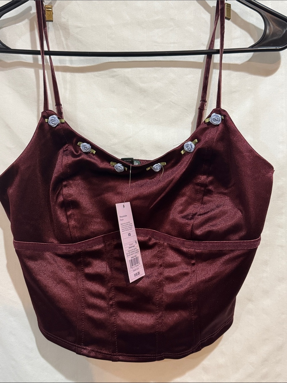 wild fable Burgundy Satin Bustier Cami with Lavender Rose Trim